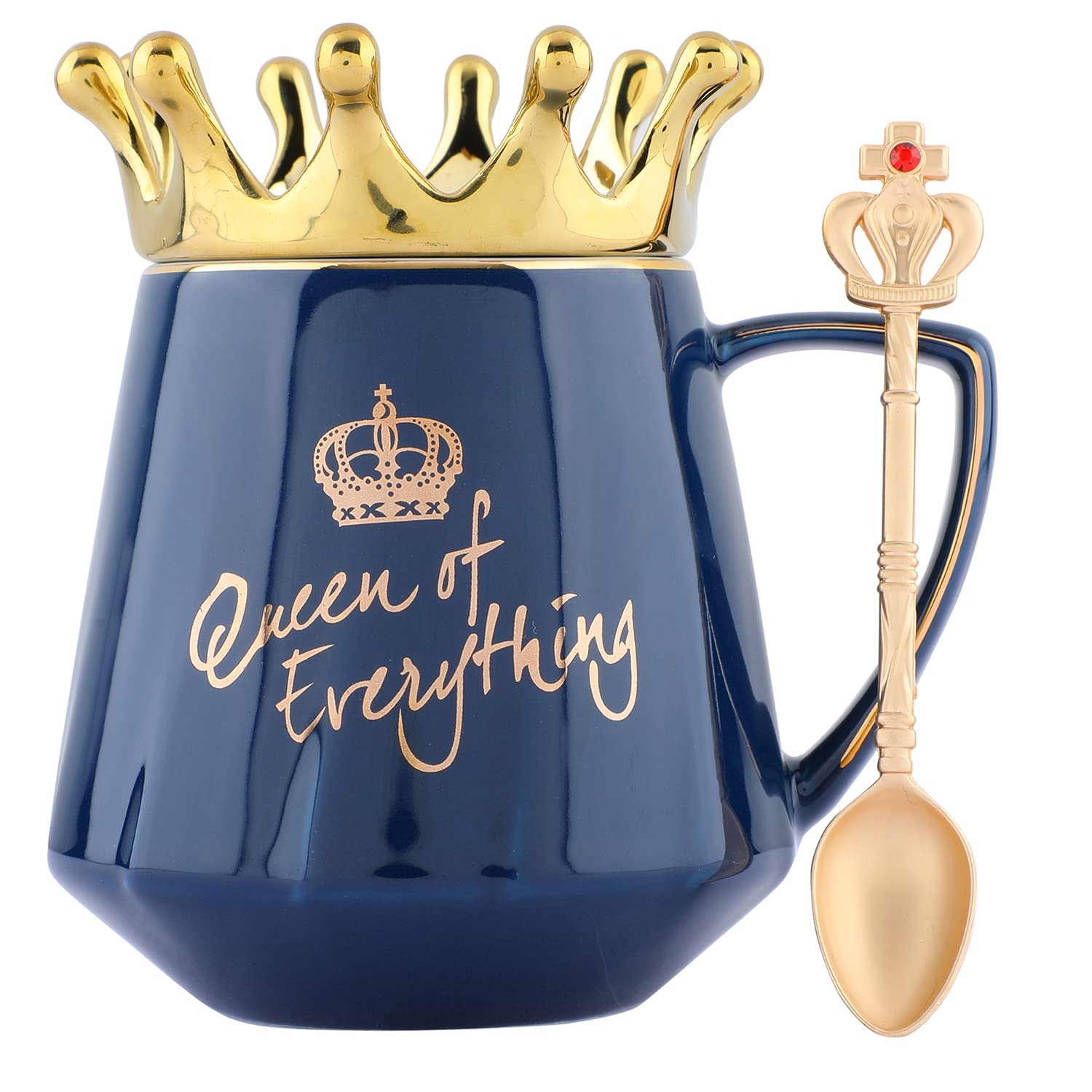 NYRWANA Coffee Mug, Birthday Presents for Woman, Mugs for Present, Birthday Gifts for Sister, Diwali Gift, Cute Coffee Mug, Queen of Everything Mug with Golden Crown & Spoon (350ml-Blue)