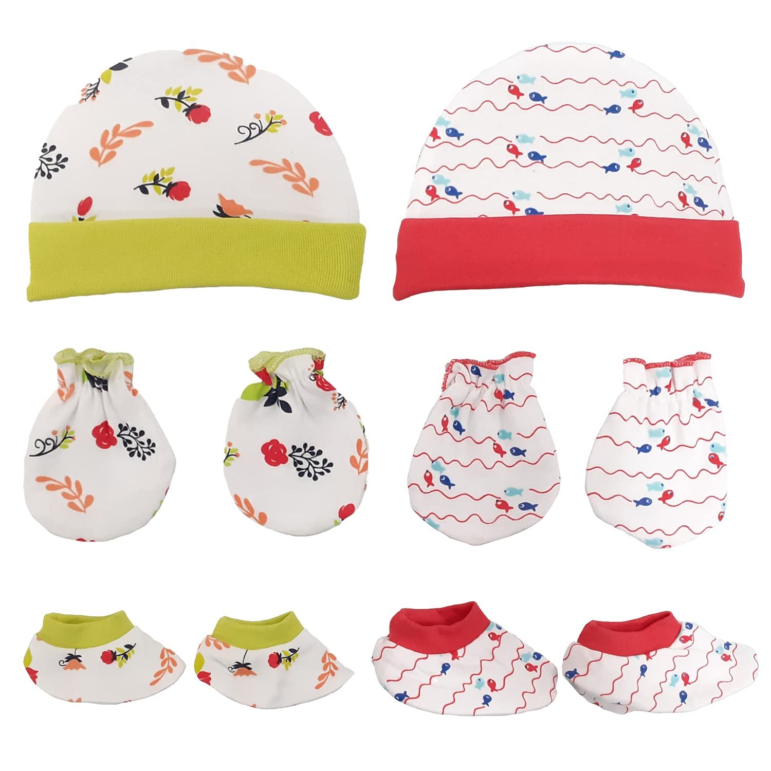 LuvLap 100% Cotton Baby Caps, Mittens and Booties Combo Set for 0-6 Months – Pack of 2 (Assorted)