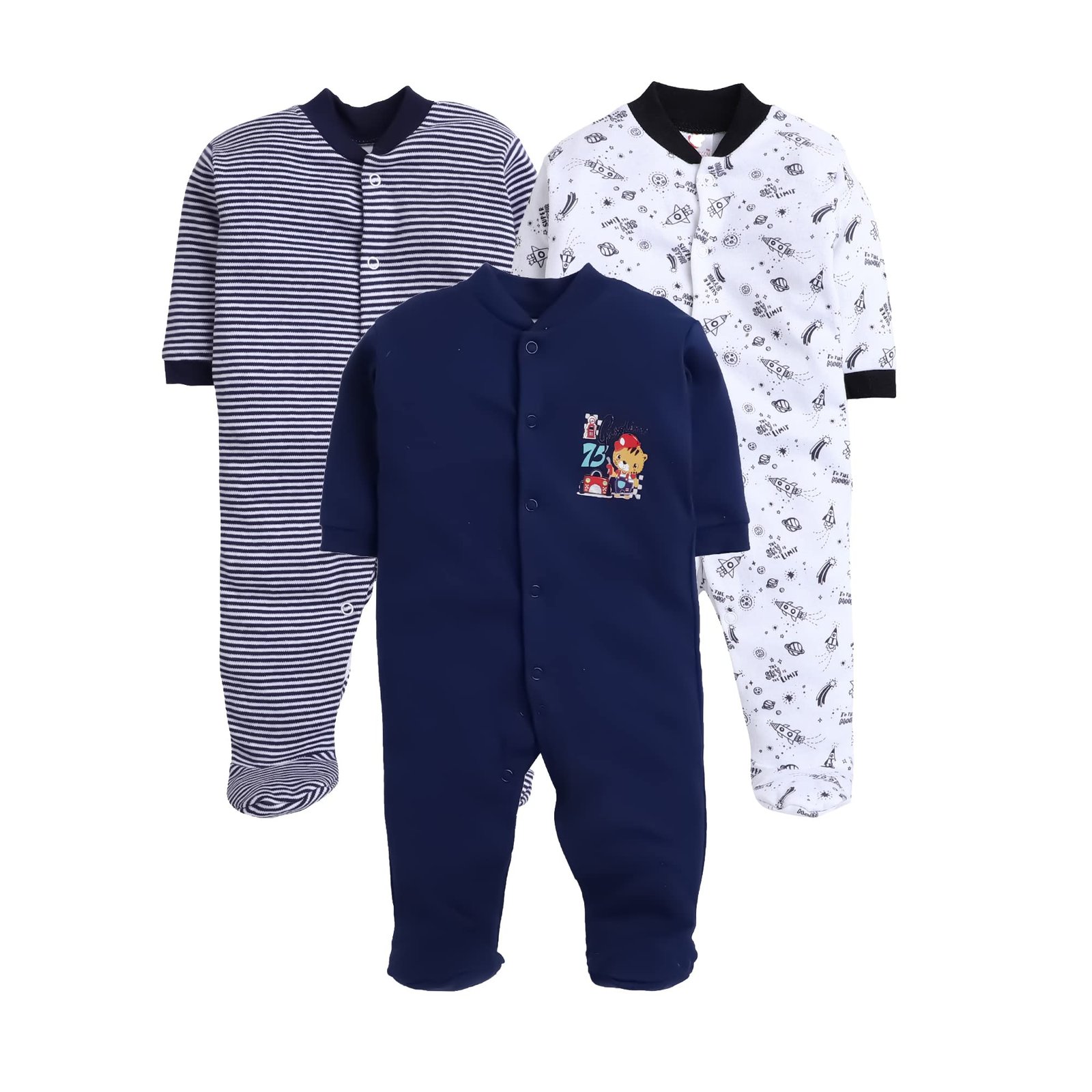 EIO 100% Cotton Baby Rompers Sleepsuits Jumpsuits Night Suits for Newborn Baby Boys & Girls | Soft Infant Bodysuit | Pack of 3 Kids Rompers