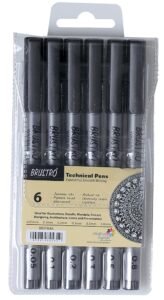 BRUSTRO Technical Fineliner Pen I Black I Set of 6 – Tip Sizes – 0.05mm, 0.1mm, 0.2mm, 0.3mm, 0.5mm, 0.8mm | Ideal for Mandala, Drawing,Artist Illustration,Sketching