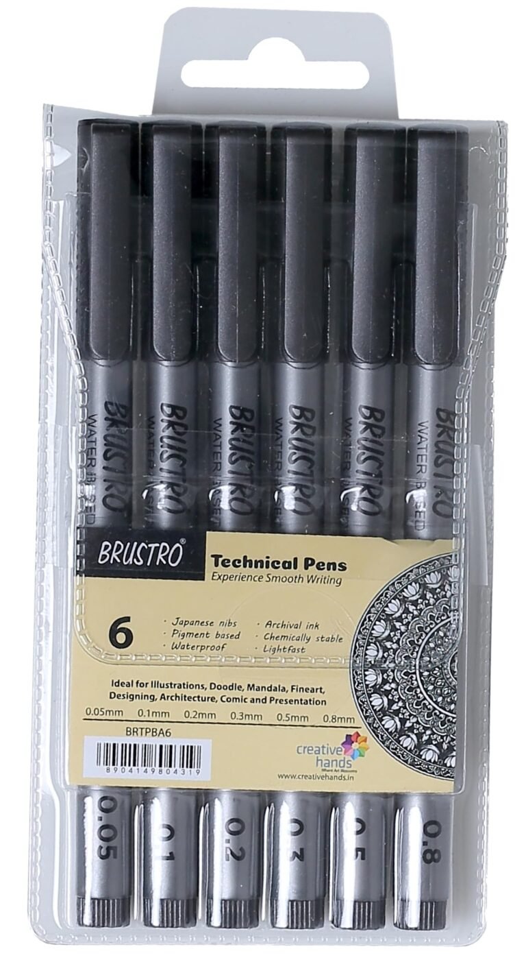 BRUSTRO Technical Fineliner Pen I Black I Set of 6 – Tip Sizes – 0.05mm, 0.1mm, 0.2mm, 0.3mm, 0.5mm, 0.8mm | Ideal for Mandala, Drawing,Artist Illustration,Sketching