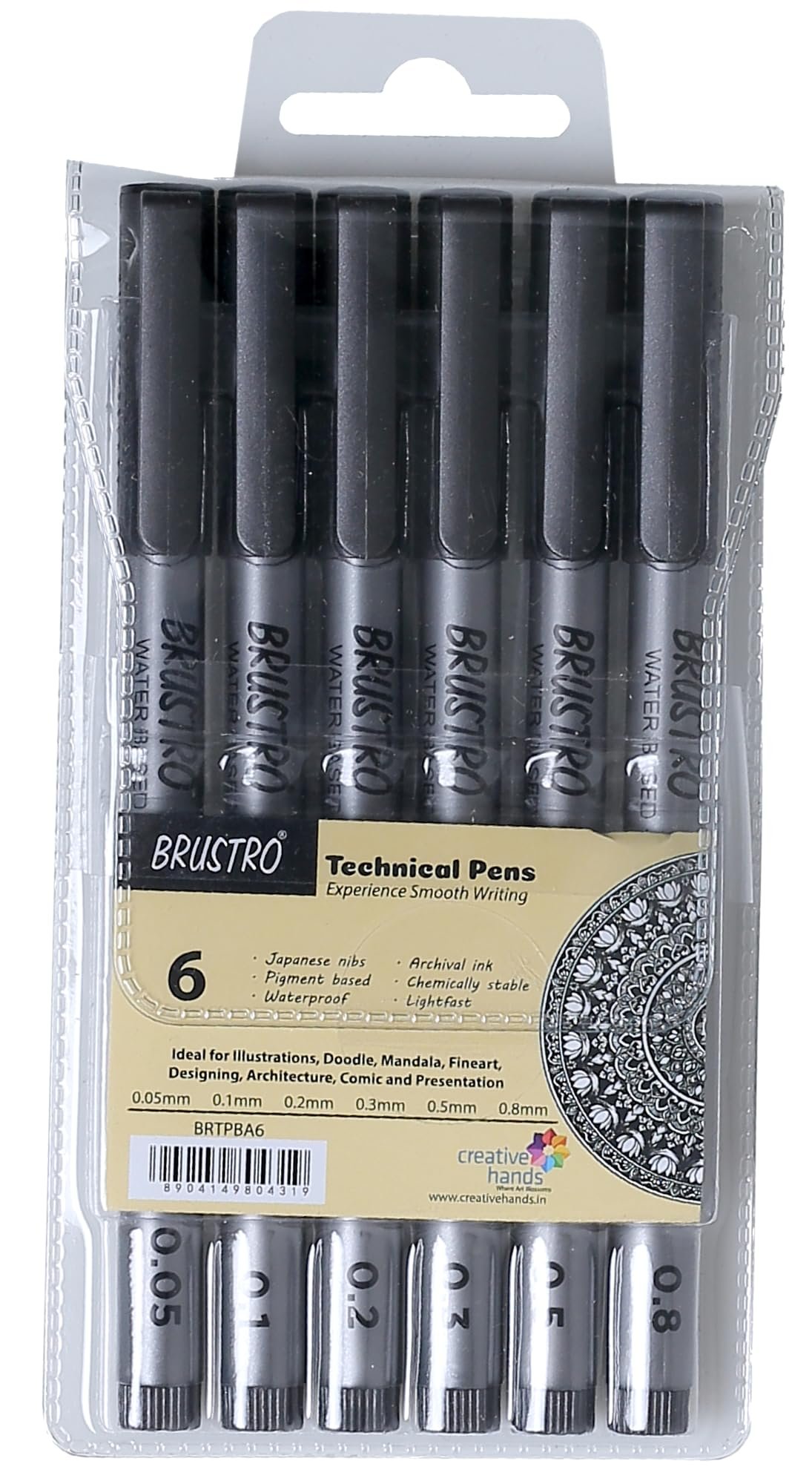 BRUSTRO Technical Fineliner Pen I Black I Set of 6 – Tip Sizes – 0.05mm, 0.1mm, 0.2mm, 0.3mm, 0.5mm, 0.8mm | Ideal for Mandala, Drawing,Artist Illustration,Sketching