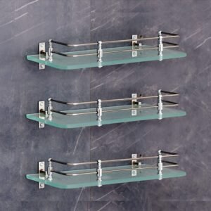 FORTUNE Multi-Purpose Wall Hung (Frosted) Glass Front Bathroom Shelf with Wall Brackets, Storage Holder, 12 x 6 Inch – (Pack of 3)