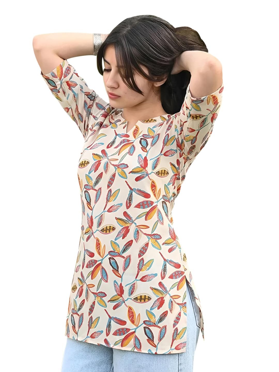 Pinkmint Women Short Kurti | Cotton Blend Printed Tunic Top | Trendy Casual Top | Casual & Office Wear Ethnic Top for Jeans