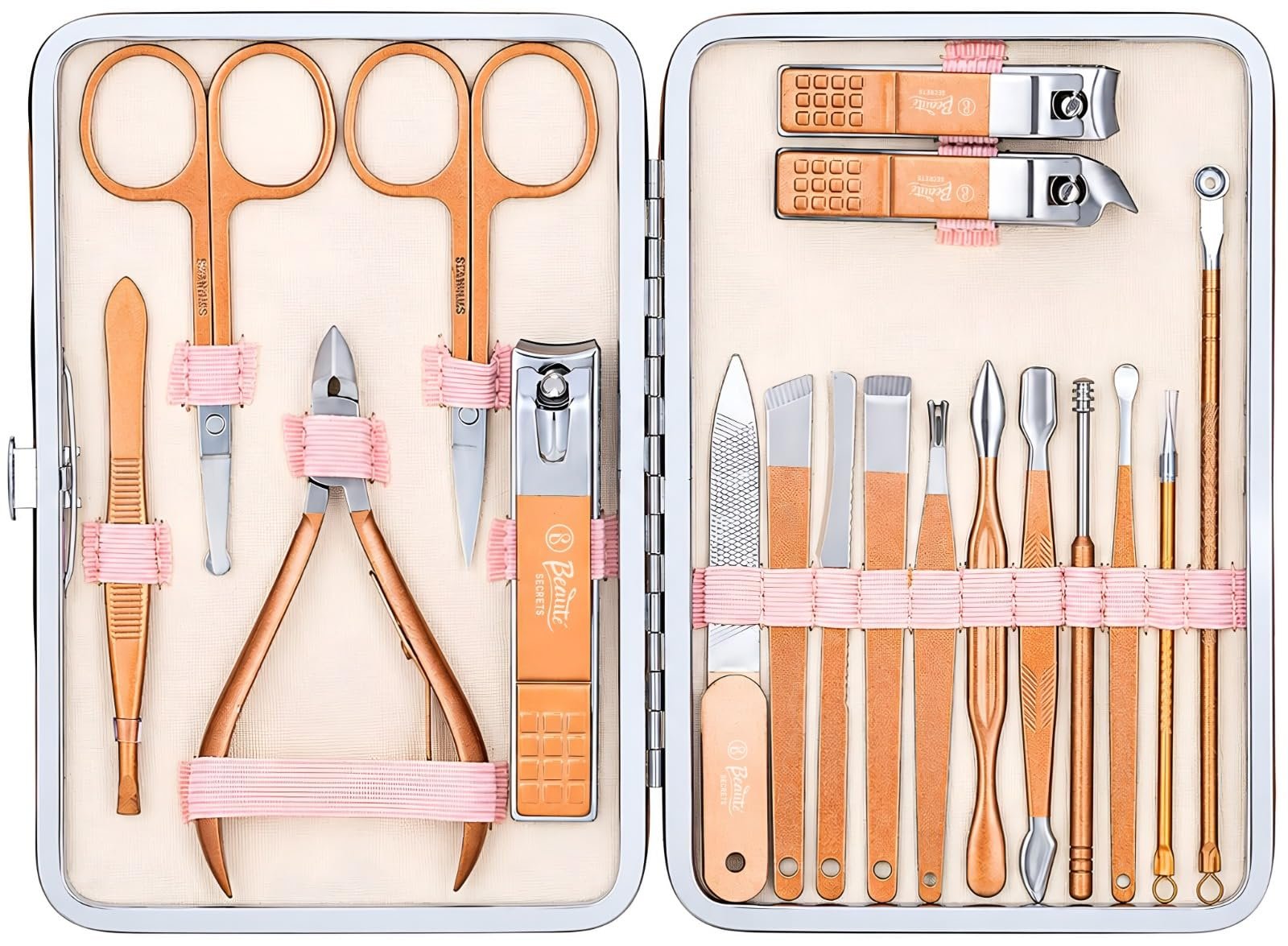 Beauté Secrets Manicure Kit, pedicure tools for feet, Nail Clipper, Manicure Pedicure kit for women and Men, 18 Pieces,Perfect Gifts for Women and Men (Rose Gold)