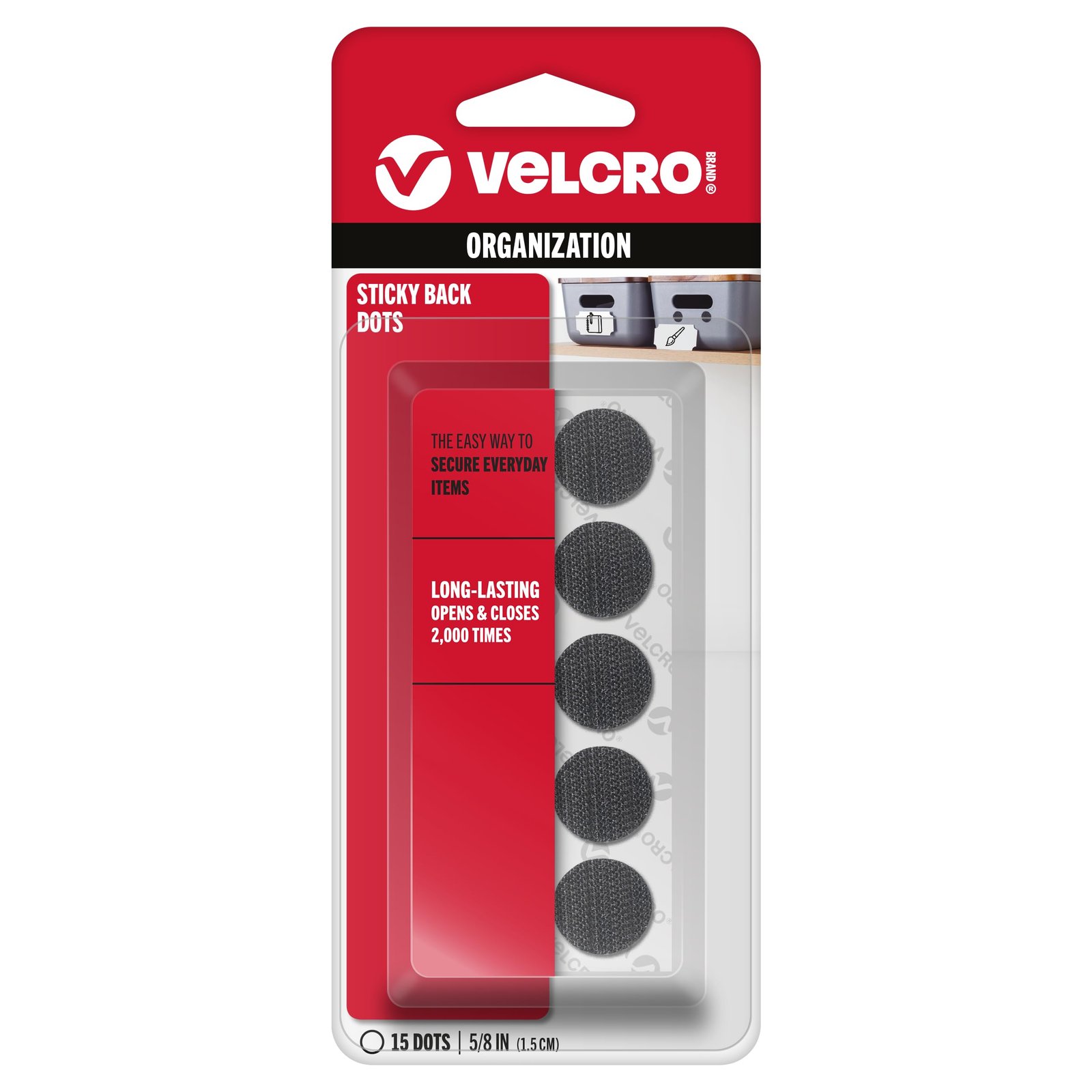 Velcro 90069 Sticky-Back Hook and Loop Dot Fasteners on Strips, 5/8 Dia, Black, 15 Sets/Pack