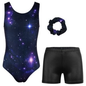 MODAFANS Leotards for Girls Gymnastics with Shorts Dance unitards Tumbling Biketards with Hair Scrunchie for3-13T