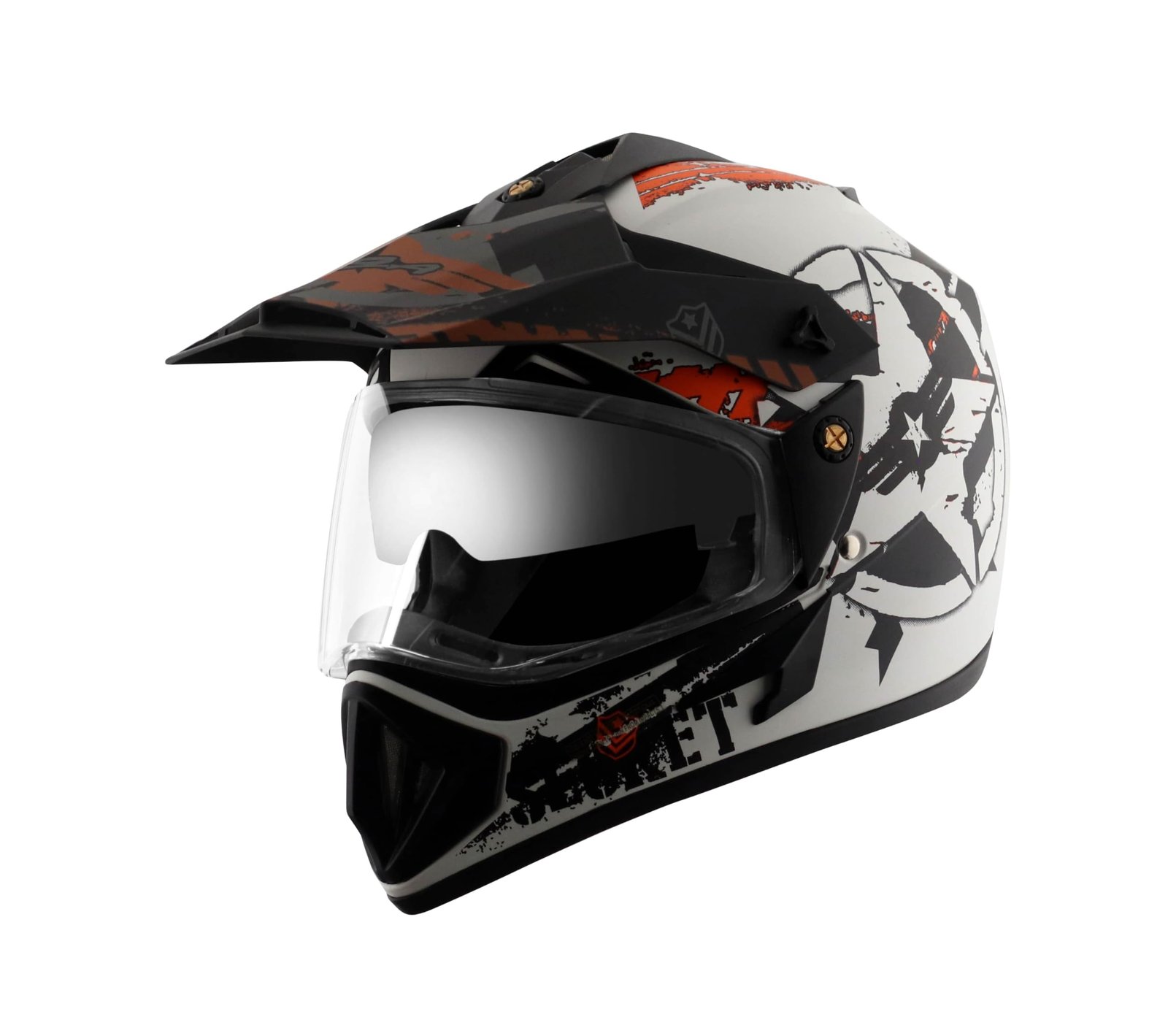 Vega Off Road Secret ISI Certified Matte Finish Full Face Helmet for Men with Dual Visor and Stylish Peak-Dull White Black, Size: M