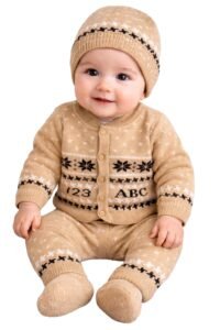Baby Unisex New Born Baby Boys Girls Soft Comfortable Trendy Woolen Round Neck Sweater Set with Payjami, Cap and Pair of Booties for Toddlers