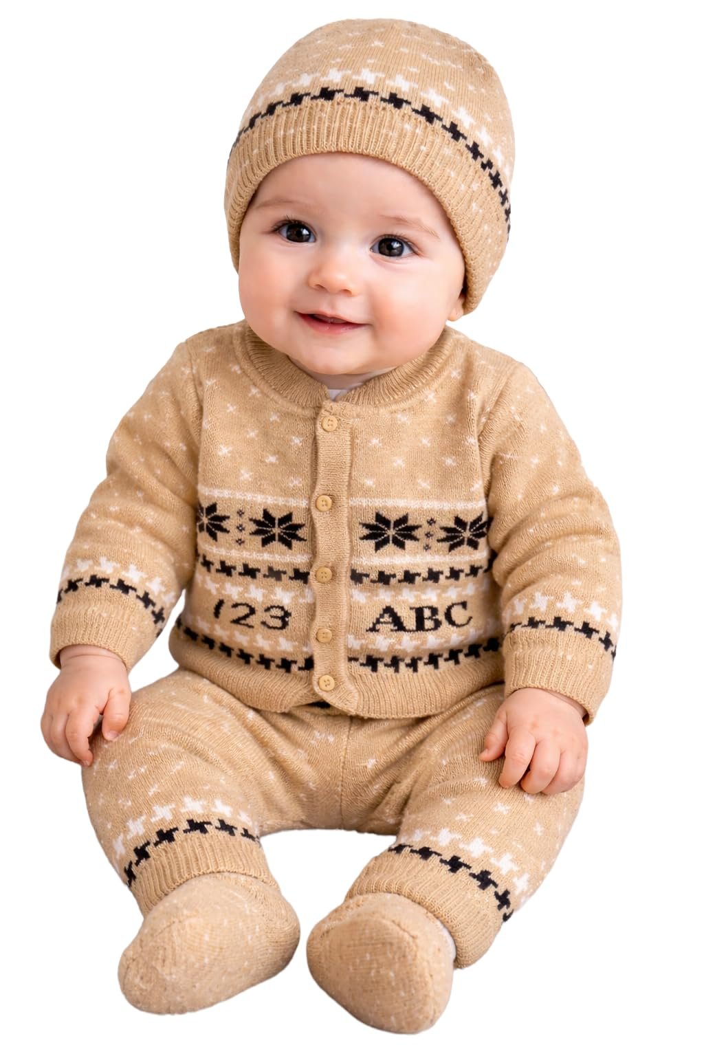 Baby Unisex New Born Baby Boys Girls Soft Comfortable Trendy Woolen Round Neck Sweater Set with Payjami, Cap and Pair of Booties for Toddlers