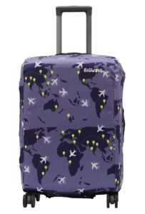 BIGWING Protective Cover in Polyester Fabric with Map Print for | 28 inch 75 cm Large Size | Hard Luggage Trolley Bag Cover (Fits Only On Fiber – Plastic Trolley Bag) Purple Color