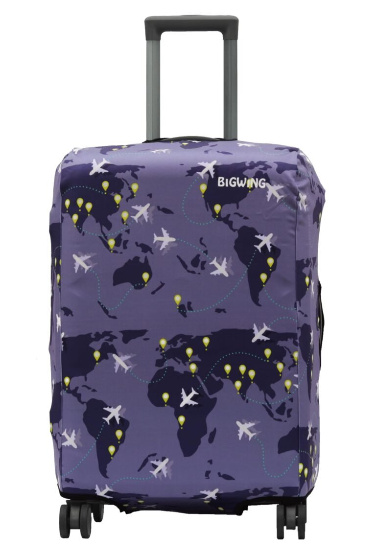 BIGWING Protective Cover in Polyester Fabric with Map Print for | 28 inch 75 cm Large Size | Hard Luggage Trolley Bag Cover (Fits Only On Fiber – Plastic Trolley Bag) Purple Color