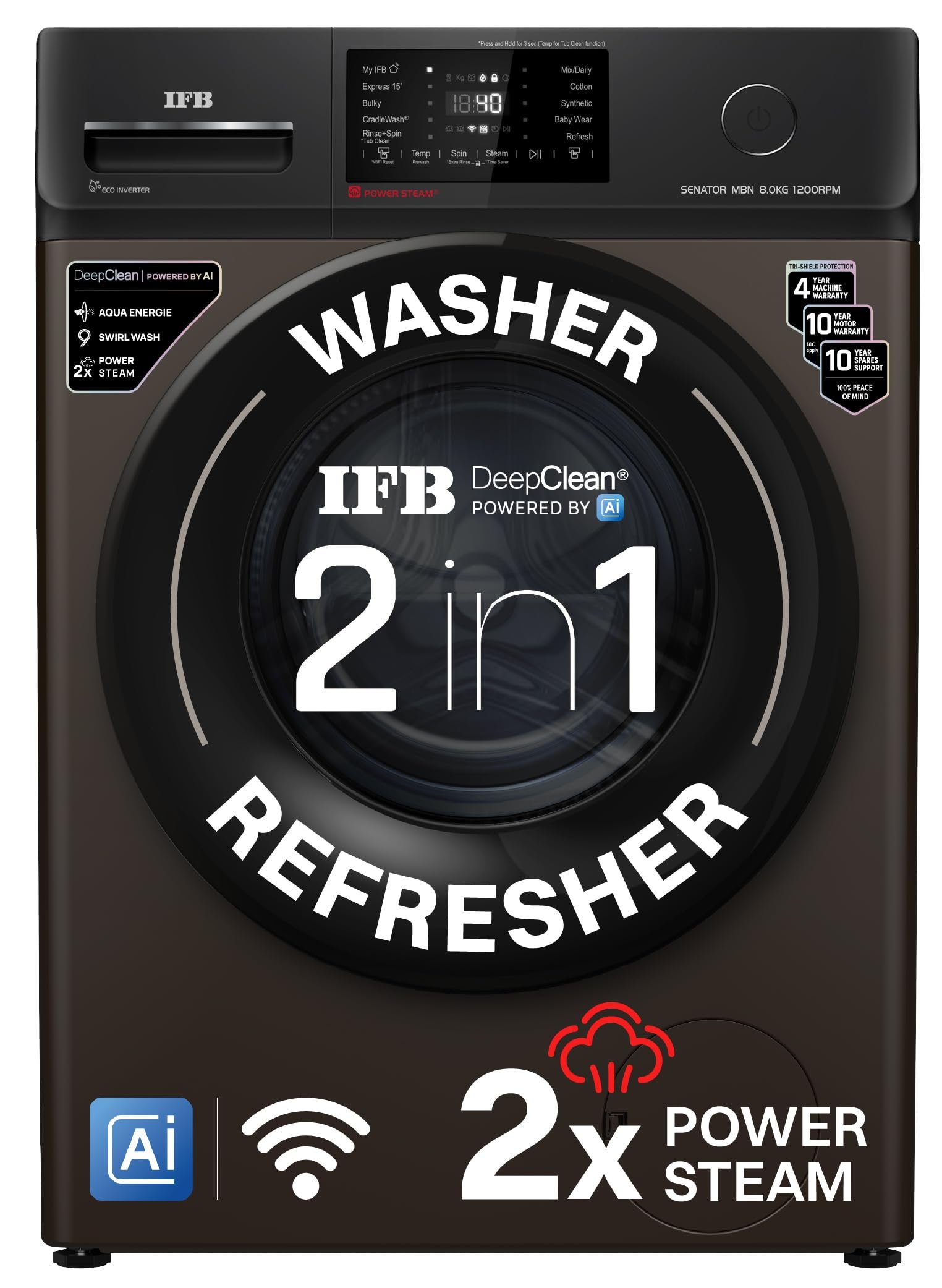 IFB 8 Kg 5 Star, 9 Swirl Wash, Steam Refresh, Eco Inverter Motor, WiFi Enabled, DeepClean®Ai Powered Fully Automatic Front Load Washing Machine(SENATOR MBN 8012, 2X Power Steam®,Inbuilt Heater,Mocha)