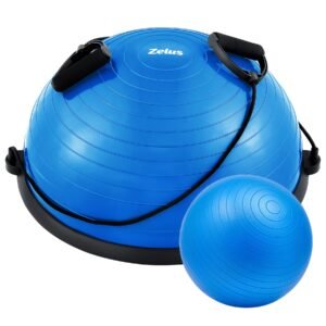 Z ZELUS Half Exercise Ball Stability Balance Board with Resistance Bands for Men and Women (Blue, 23 Inch )