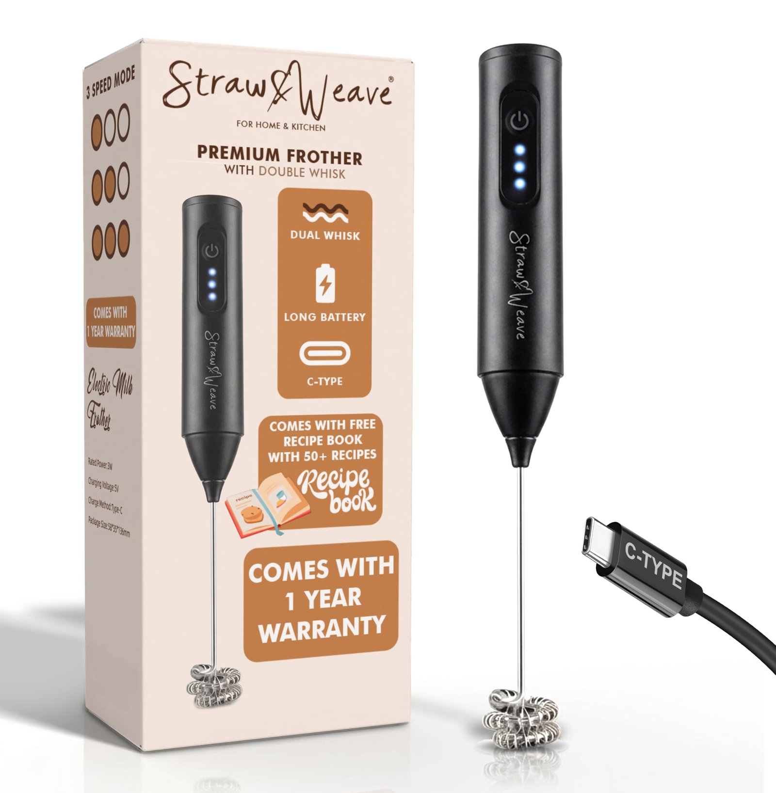 Coffee Frother Electric with Double Whisk | C Type Rechargeable Coffee Maker Machine for Home | 1 Year Warranty | Free Coffee Blender Recipe Book | Big Battery 1 Charge = 15 Days Use