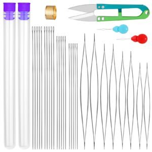 UOOU 28 Pcs Beading Needles Set Include 20 Pcs Long Straight Beading Thread Needles + 8 Pcs Big Eye Beading Needles, Embroidery Needles with Needle Bottle, Thimble, Needle Threaders for Jewelry Making