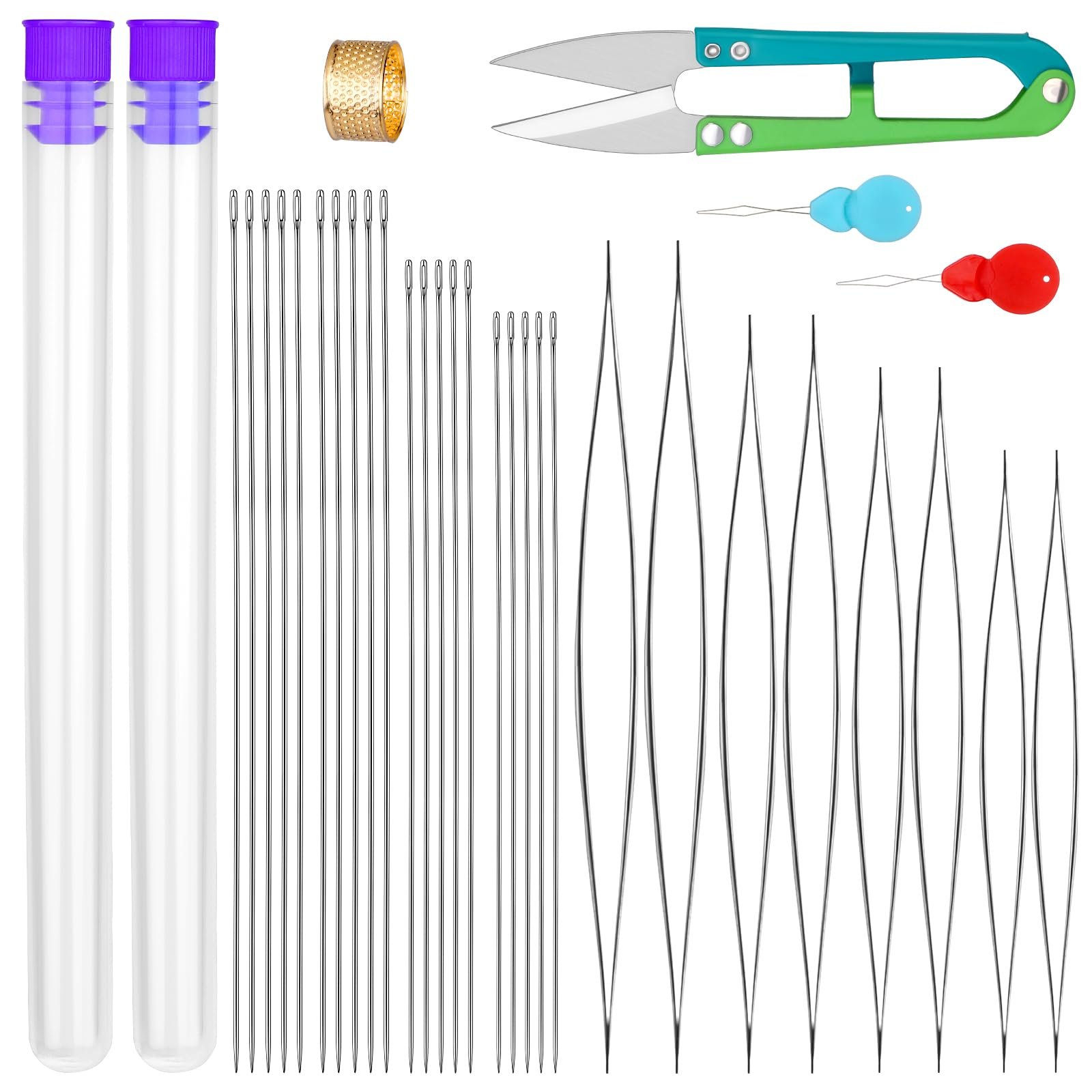 UOOU 28 Pcs Beading Needles Set Include 20 Pcs Long Straight Beading Thread Needles + 8 Pcs Big Eye Beading Needles, Embroidery Needles with Needle Bottle, Thimble, Needle Threaders for Jewelry Making