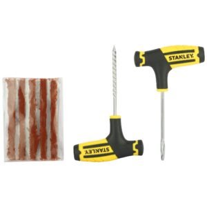 STANLEY STHT80891-0 Flat Tubeless Tyre Repair Kit for Cars and Bikes, Easily Fix Punctures WITHOUT Removing Tire from Rim, Comes with Reamer & Plugger Tool and 5 Plugs, Yellow and Black
