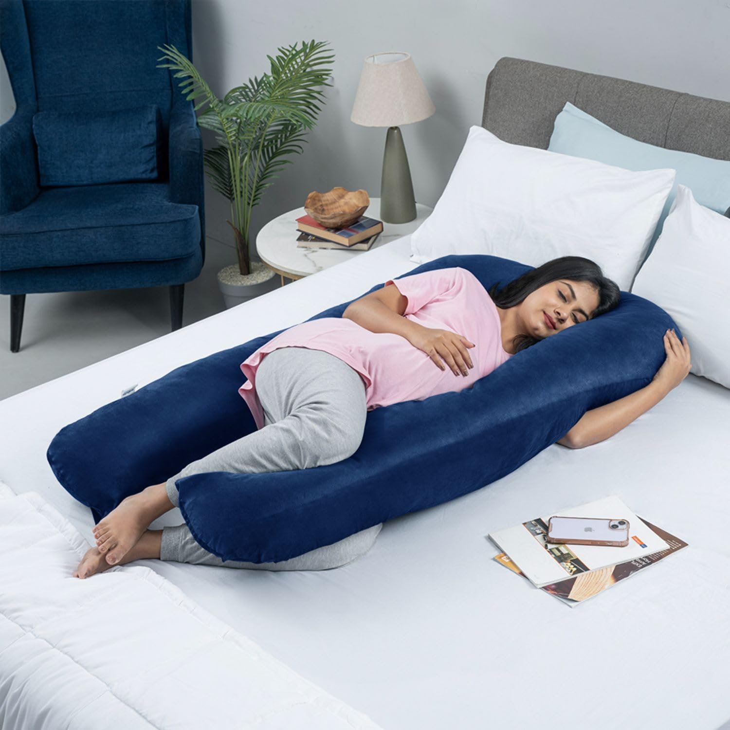 Wakefit Pregnancy Pillow | 6 Months Warranty | Velvet U-Shape Maternity Pillow for Pregnant Mothers, Pillow for Pregnant Women | Dark Blue