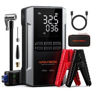 WOLFBOX 3000A Car Jump Starter with 160PSI Air Pump, 16000mAh Portable 12V Jump Starter for Car Battery (8L Gas 6L Diesel Engines), 65W Type-C Fast Charging, with Boost Mode, LED Light & Jumper Cables