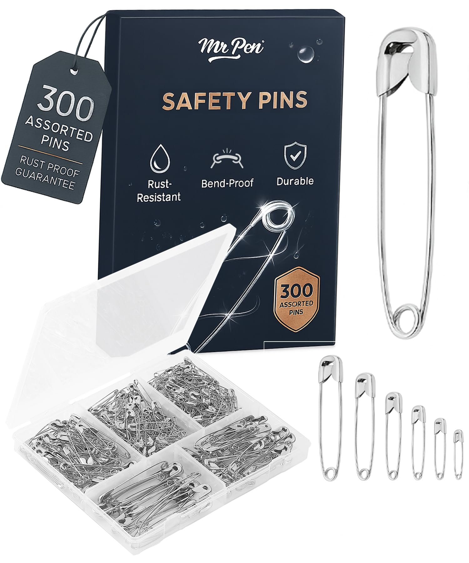 Mr. Pen Assorted Safety Pins – 300 Pack, Silver, Small & Large Sizes, Bulk Safety Pins for Clothes, Saree, Women Pin