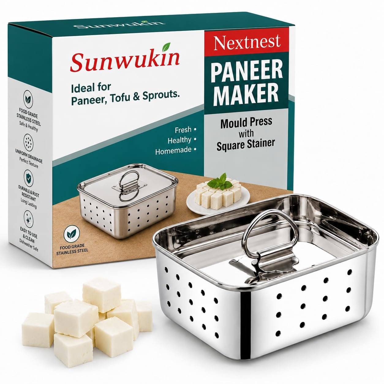 Sunwukin Large Stainless Steel Paneer Maker (500 ml) – Square Paneer Maker Mould Press with Lid | Rust Resistant Medium Paneer Strainer – Perfect for Fresh Paneer, Tofu & Sprouts