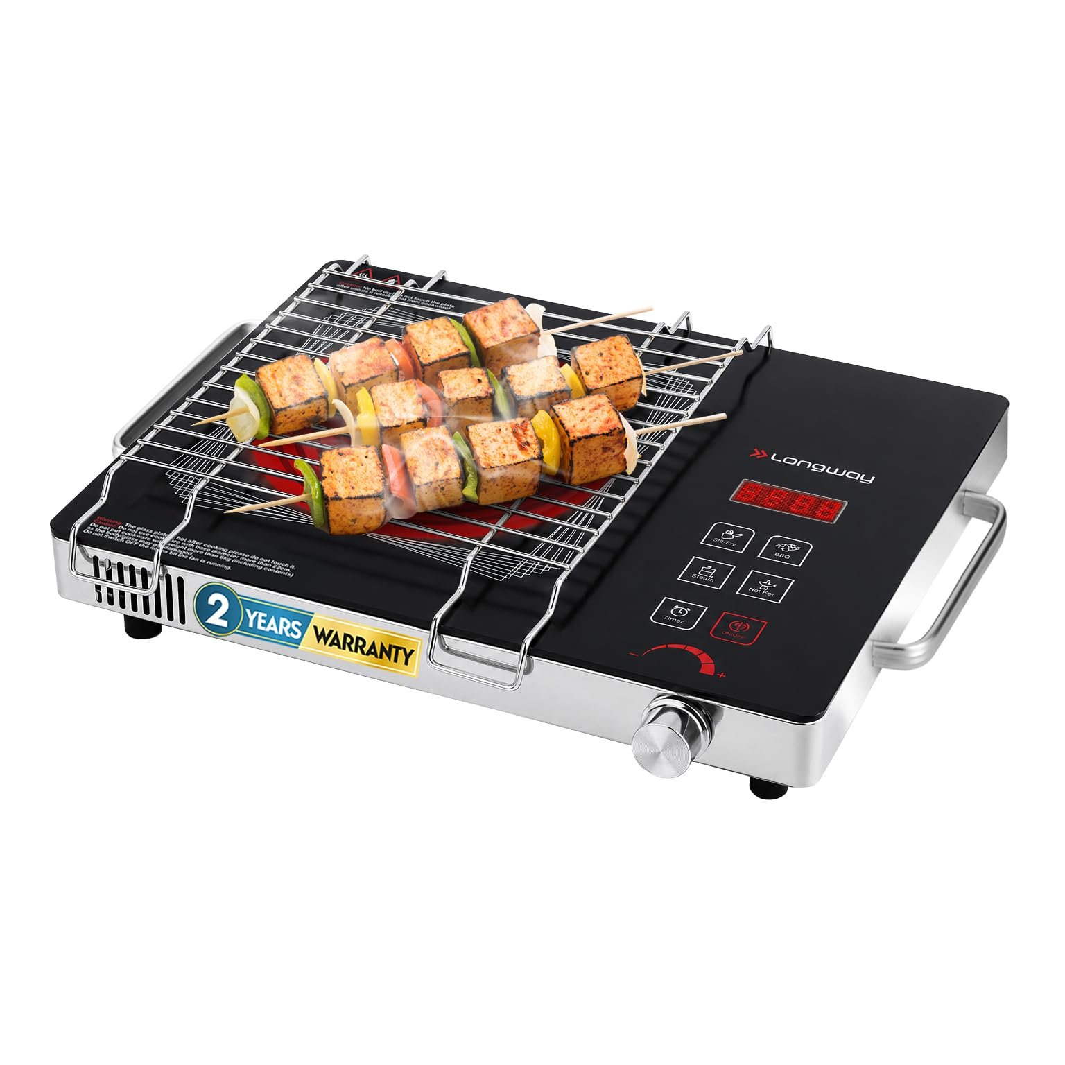 Longway Infralite Pro 2200W Infrared Hot Plate Cooktop with Steel Grill Rack, Crystal Glass Top, Touch Panel & Digital Display, 4 Preset Modes – Stir Fry, BBQ, Hot Pot & Steam, Black