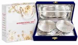 INTERNATIONAL GIFT German Silver Brass Two Bowl with Two Spoon and with Single Tray with Beautiful Velvet Box Packing with Carry Bag Uses for Dry Fruit | Chocolate | Sweet | HomeDecor
