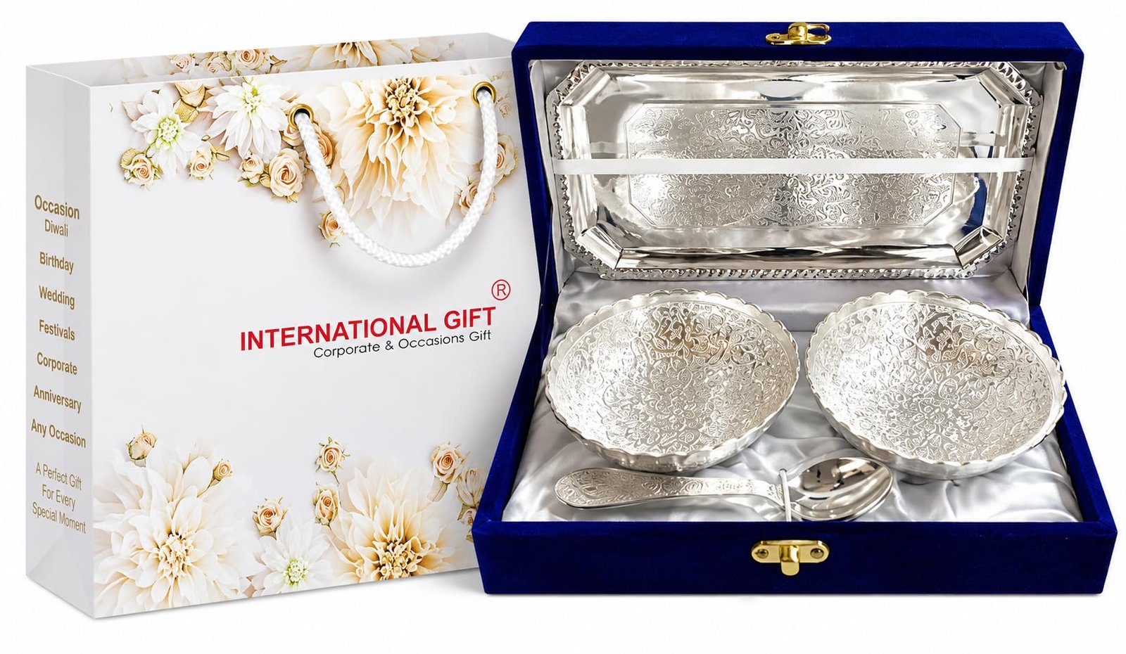 INTERNATIONAL GIFT German Silver Brass Two Bowl with Two Spoon and with Single Tray with Beautiful Velvet Box Packing with Carry Bag Uses for Dry Fruit | Chocolate | Sweet | HomeDecor