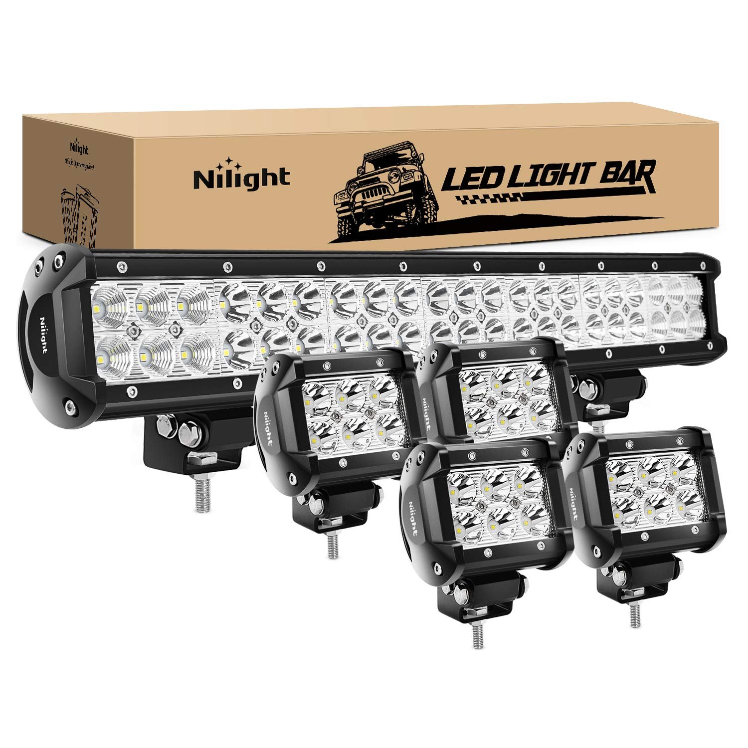 Nilight 20 inch 126W Combo Light bar 4Pcs 4 inch spot Light