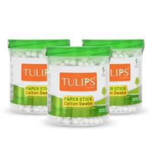TULIPS Hypoleergenic Cotton Ear Buds/Swabs (pack of 3) with White PAPER Sticks (100/200 Tips) in a Jar