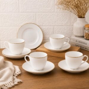 Femora Ceramic Gold Line Diamond Cut White Cup 6 Pcs with Saucer Set of 6 Pcs Tea/Coffee Cups 200 ml | Crockery Set Ideal for Daily Use & Gifting, White