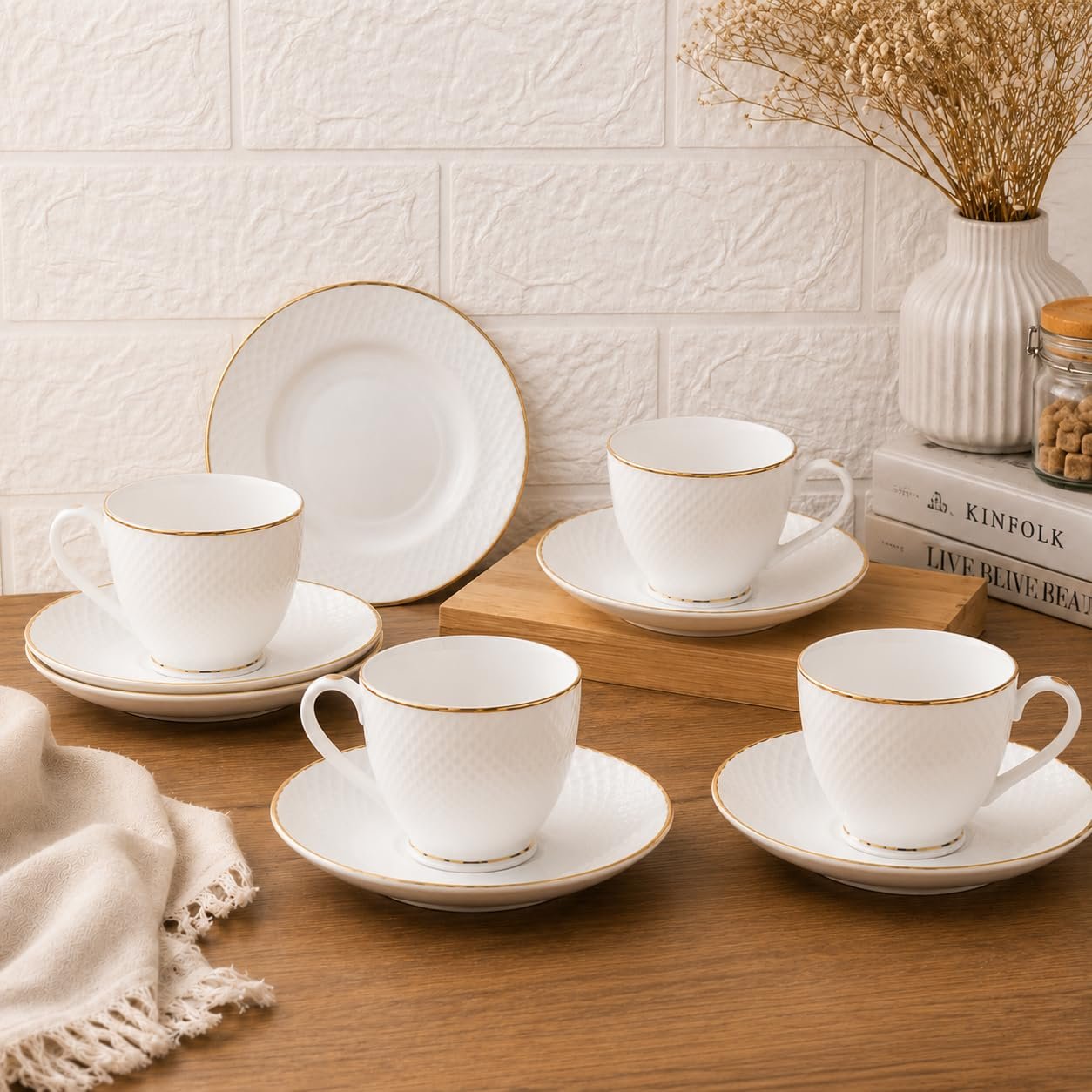 Femora Ceramic Gold Line Diamond Cut White Cup 6 Pcs with Saucer Set of 6 Pcs Tea/Coffee Cups 200 ml | Crockery Set Ideal for Daily Use & Gifting, White