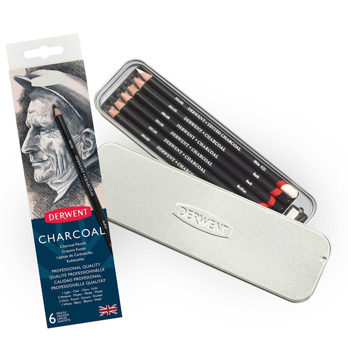 Derwent Charcoal Pencils Tin with Sharpener (Set of 6)