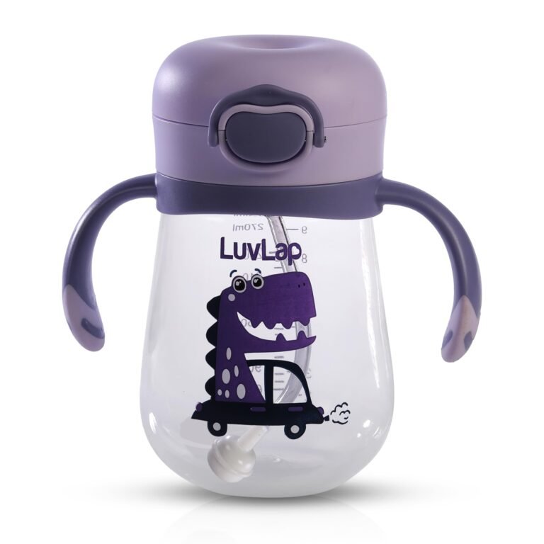 LuvLap Kids Bite Resistant Soft Silicone Straw Sipper Cup with Handle, with Weighted Straw, Sippy Cup with Anti Spill Lock, BPA Free, 1 Year +, 300 ml, Purple