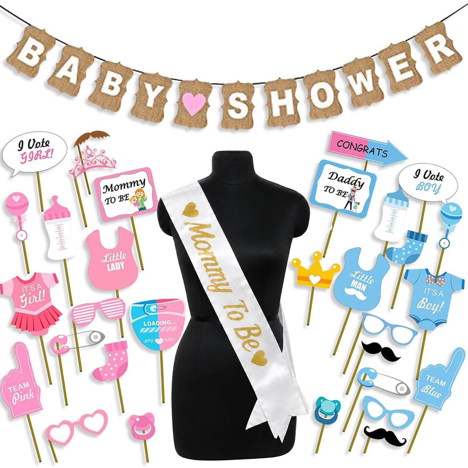 Party Propz Baby Shower Decoration Items – 31pcs Baby Shower Props For Photoshoot | With Mom To Be Sash | Mom To Be Props | Mom To Be Dad To Be | Babyshower Props | Maternity Shoot Props