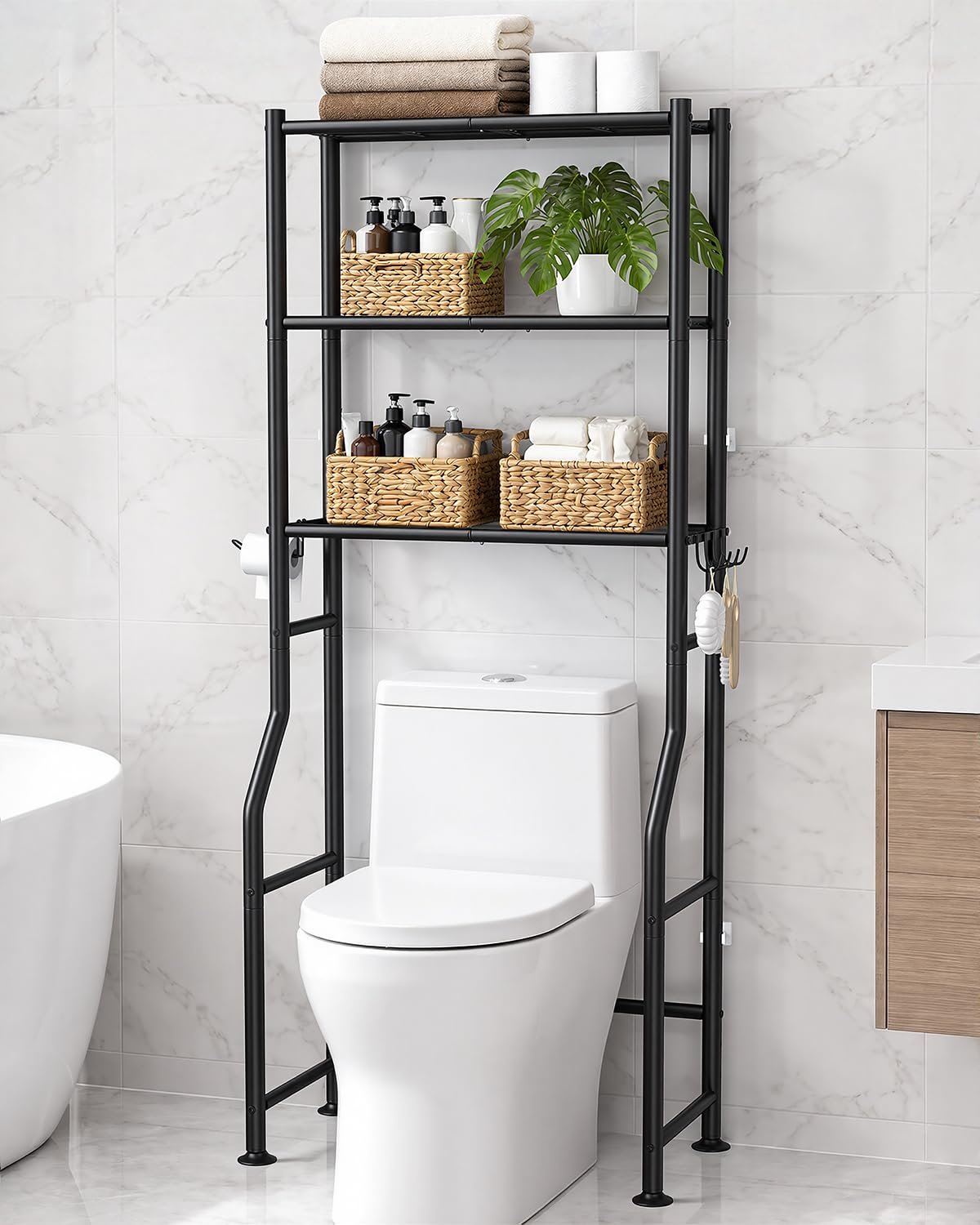 GloTika 3-Tier Over Toilet Storage Cabinet, No Drilling, 64″ H, Black