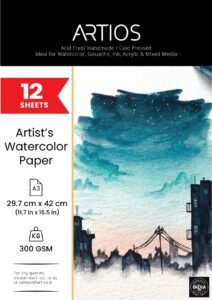 ARTIOS Watercolor Paper, 300 GSM, 100% Cotton, Handmade, A3, 12 Sheets