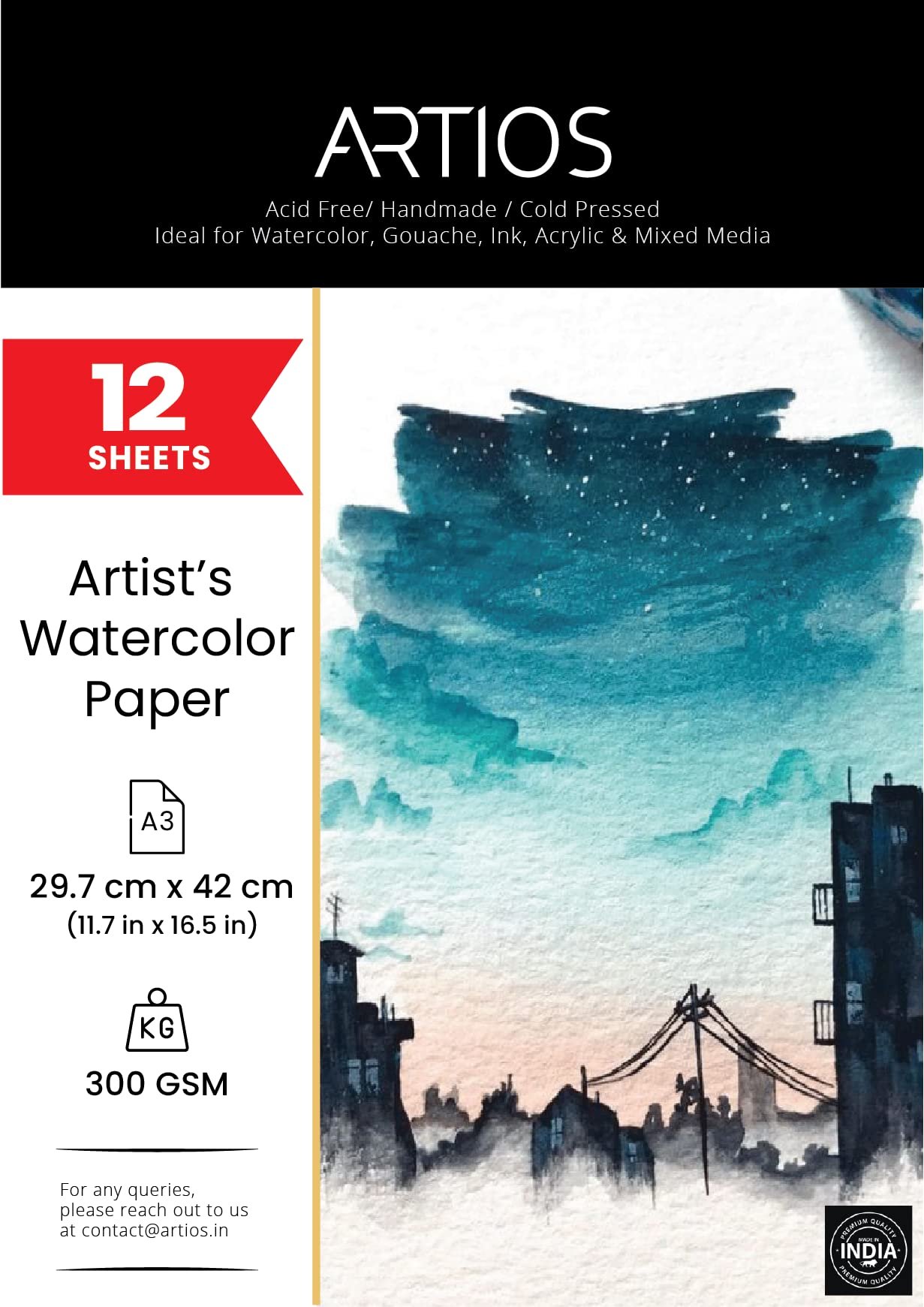 ARTIOS Watercolor Paper, 300 GSM, 100% Cotton, Handmade, A3, 12 Sheets