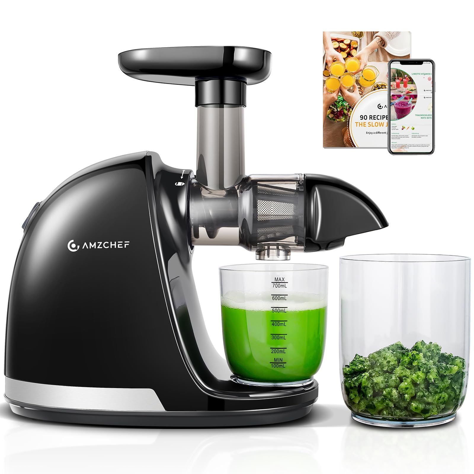 AMZCHEF Juicer Machines – Cold Press Juicer – Slow Masticating for Whole Fruits and Vegetables – No BPA Juice Extractor with 2 Cups and Brush – Delicate Chew No Need to Filter – Classic Black