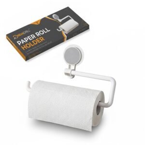Paper Towel Holder for Kitchen, Self Adhesive Wall Mount Paper Roll Holder, No Drill Under Cabinet Tissue Holder, 360° Swivel Kitchen Towel Rack, Waterproof ABS, White [ND-1334]