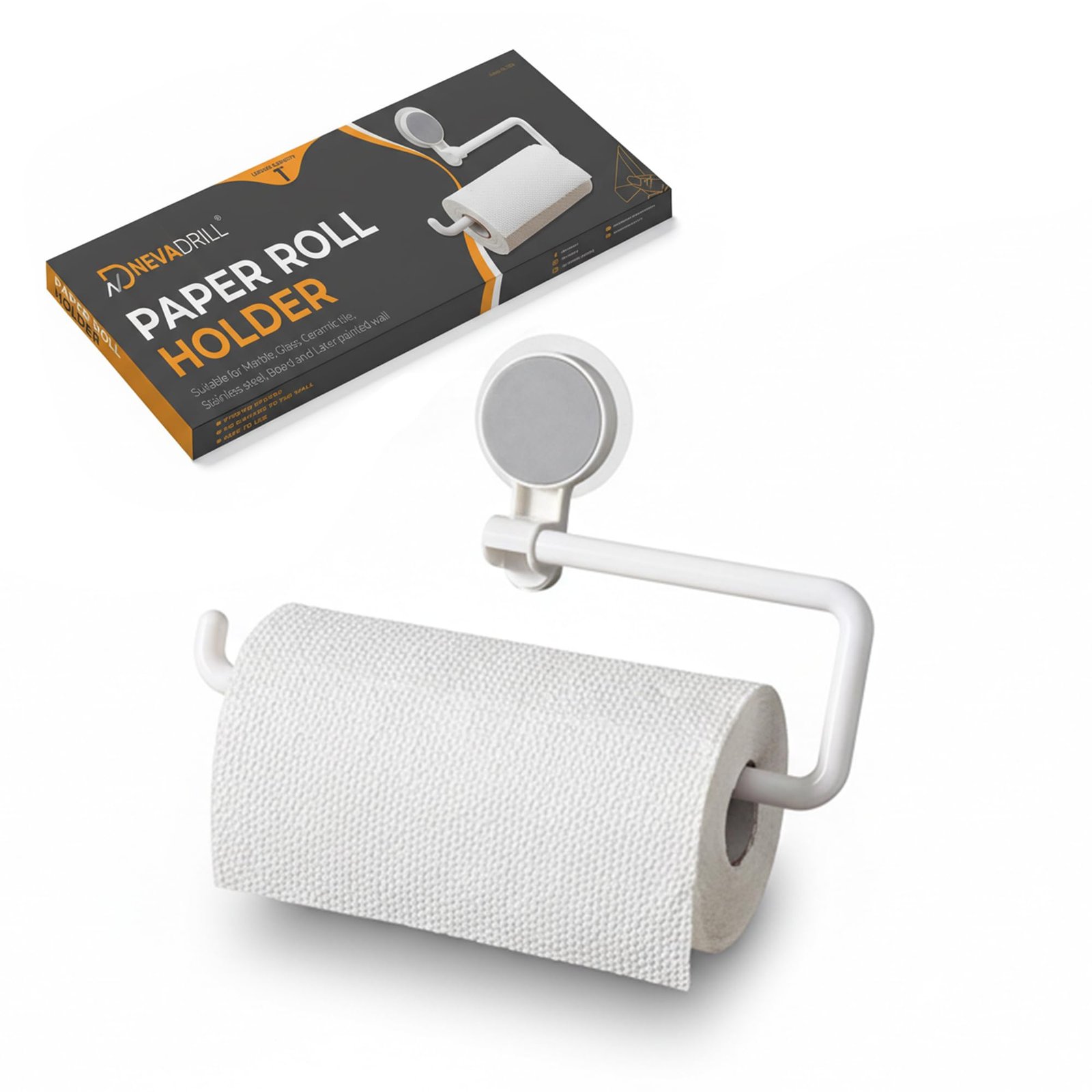 Paper Towel Holder for Kitchen, Self Adhesive Wall Mount Paper Roll Holder, No Drill Under Cabinet Tissue Holder, 360° Swivel Kitchen Towel Rack, Waterproof ABS, White [ND-1334]