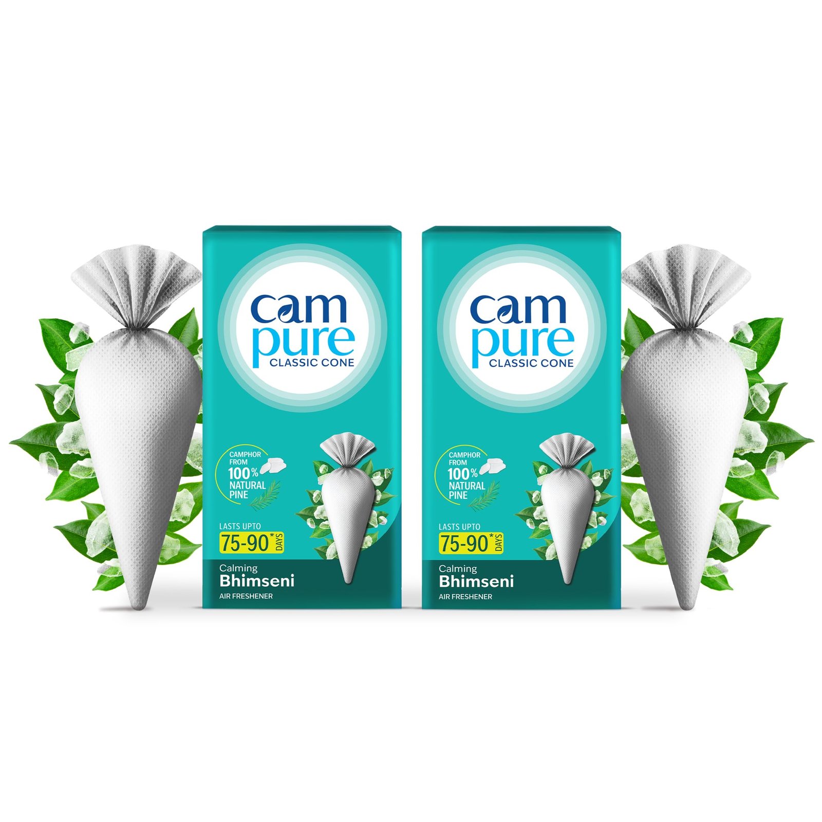 Campure Bhimseni Camphor Classic Cone Air Freshener for Car, Bathroom, Wardrobe & Rooms | Long-Lasting Freshness up to 75-90 Days | Germ Protection | Camphor from 100% Natural Pine | Pack of 2