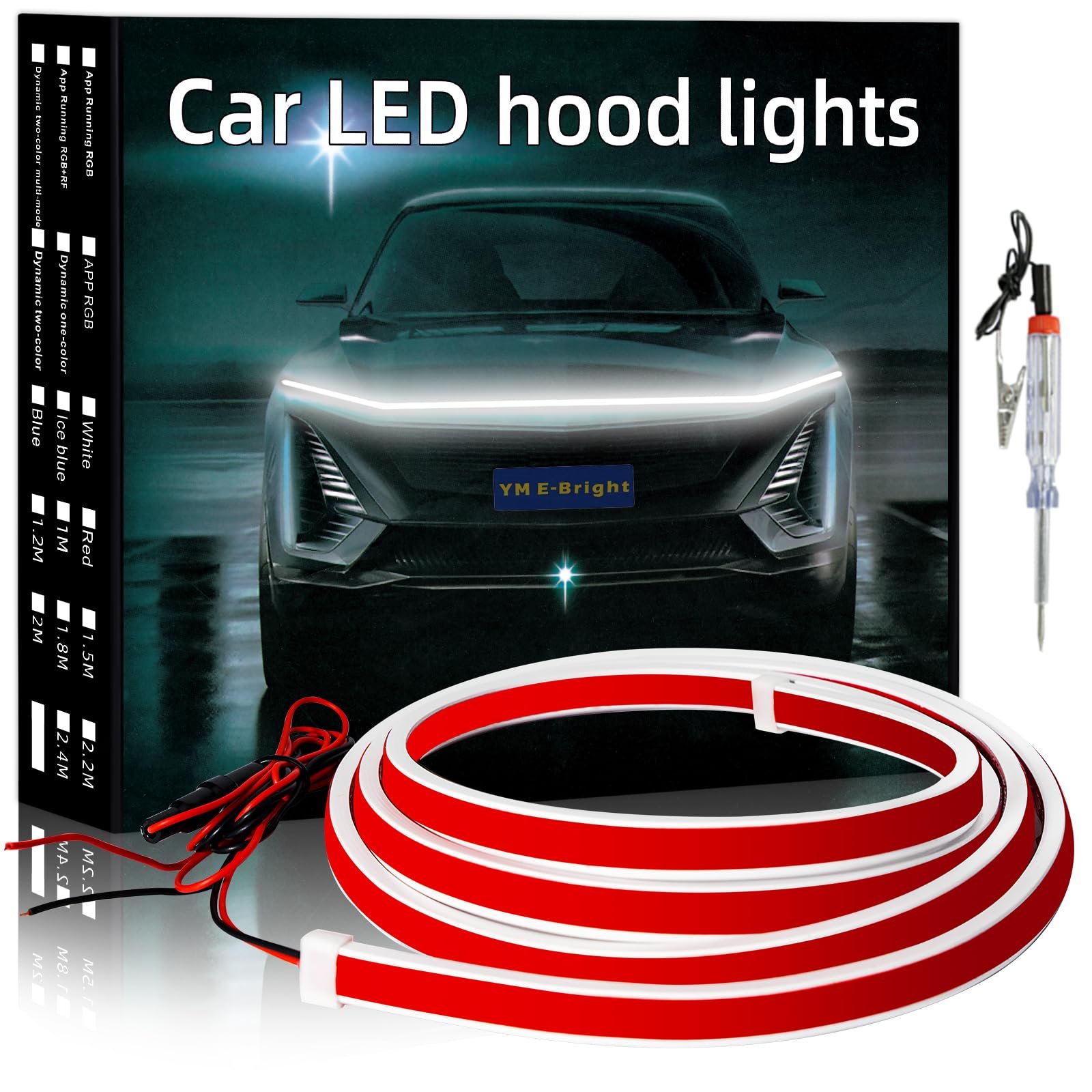 YM E-Bright LED Hood Light Strip, White Dynamic Scan DRL 12V 79inch 1 Set