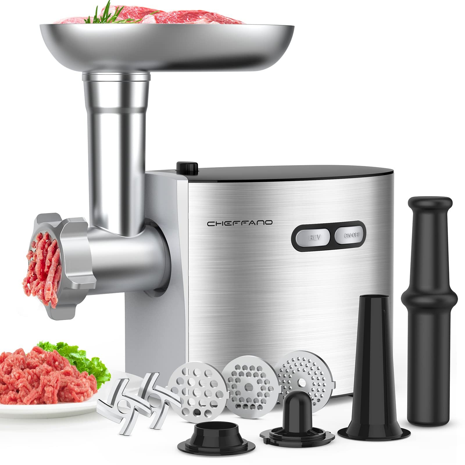 Electric meat grinder, stainless steel, 2000W max ETL approved meat grinder, machine with 3 grinding plates, 2 knives, storage cube kitsets, home kitchen use silver/black