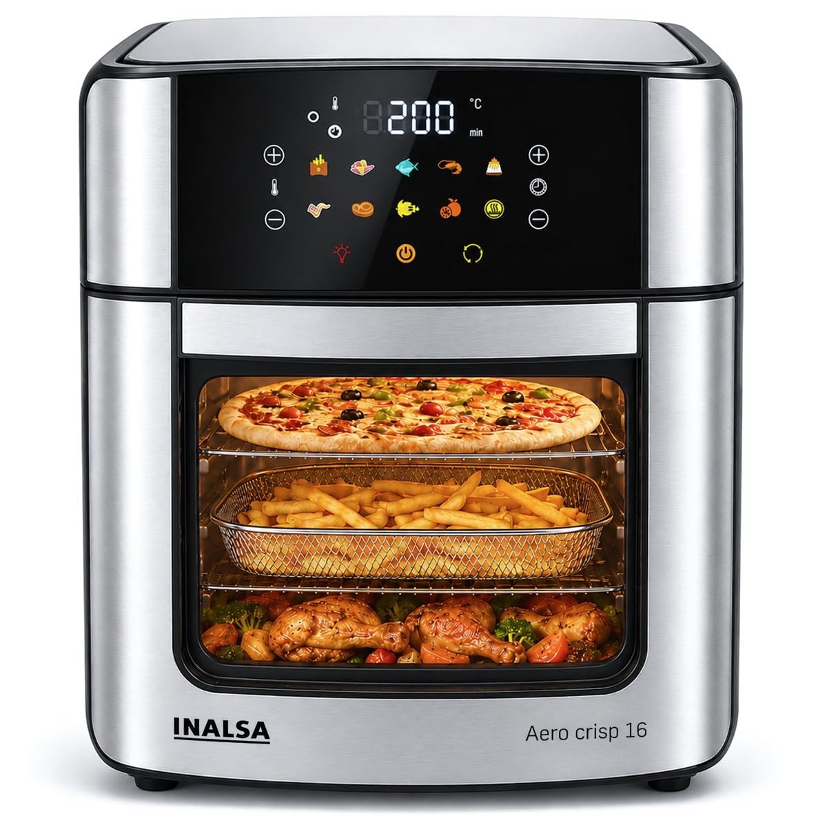 INALSA Air Fryer Oven|16L, 1800W|Stainless Steel Body12-in-1 Functions,Fry,Bake,Grill,Dehydrate,Roast& Reheat|10 Preset|Rotisserie & Convection|Dishwasher Safe Accessories|2Yr Warranty,Aero Crisp 16