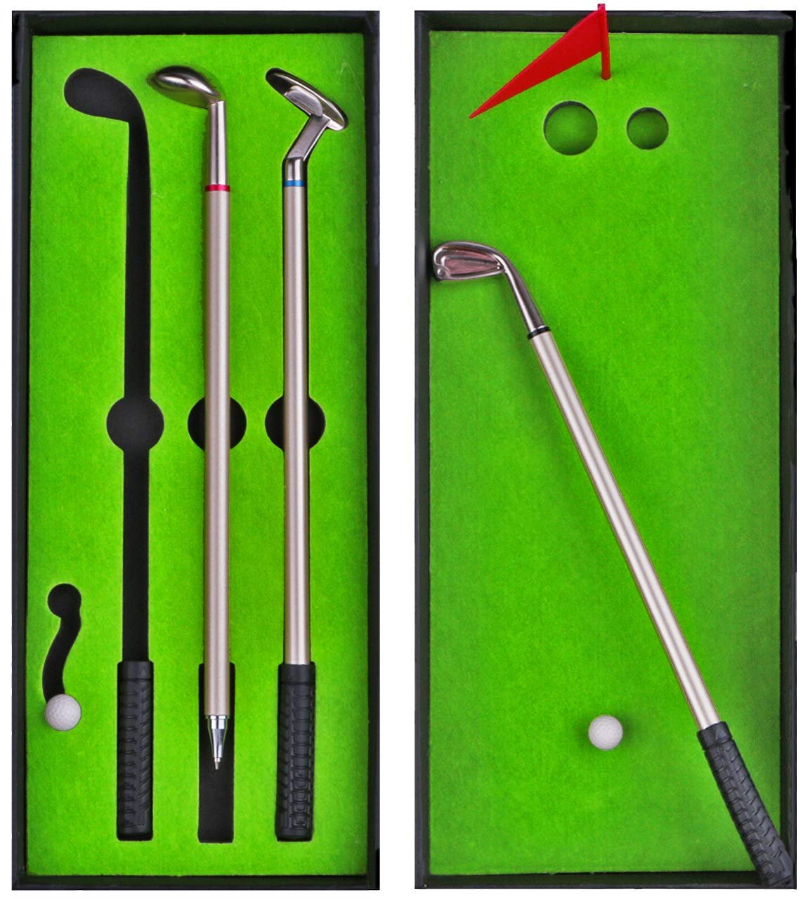 NALAKUVARA Golf Pen Set – Mini Desktop Putting Green With Flag, 3 Colors Metal Club Models Ballpoint Pens & 2 Balls