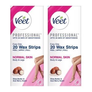Veet Full Body Waxing Strips Kit – Normal Skin | 20 Strips (Pack of 2) | 20 Pre-Coated Wax Strips & 4 Perfect Finishing Wipes | 28 Days Smoothness | Arms, Underarms, Legs & Bikini area