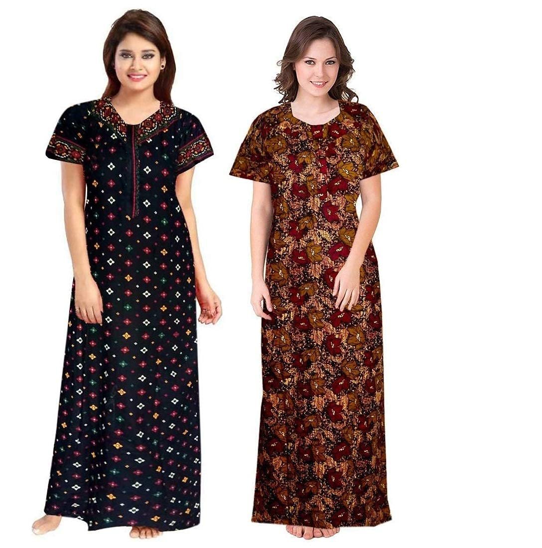 PNAEONG Women’s Cotton Printed Nighty Night Gown Maxi Free Size (Pack of 2)
