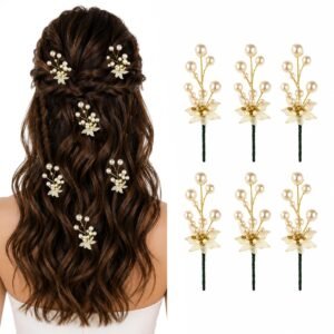 Hair Flare 2207 Pearl Artificial Bridal Wedding/hair flower accessories For Women’s/gajra/Juda Pin/Juda Bun/Hair Clip/artificial flowers For hair / – Pack Of 6, White And Golden